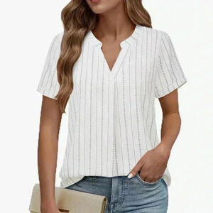Timeson’s women’s v-neck short sleeve curved hem sheer chiffon blouse.